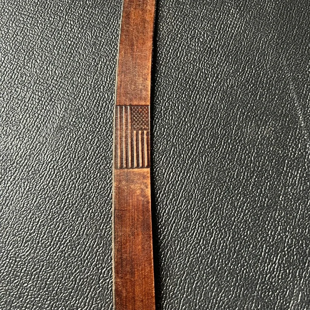 Brown Distressed Genuine Leather Belt American Flag Embossed Made‎ in USA 38